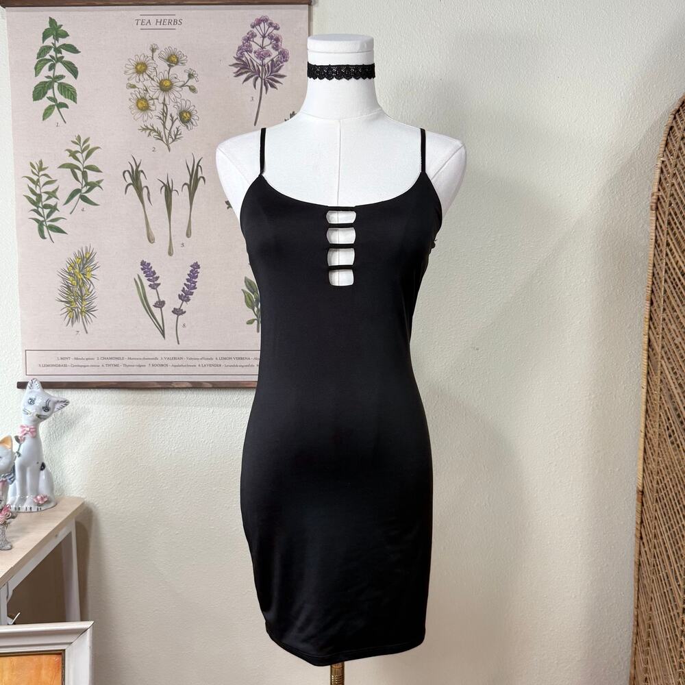 Vintage 90s Y2k Black Key Hole Stretch Bodycon Mini Dress Sexy Trashy Bimbo S